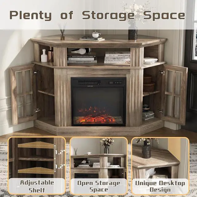 Alt view image 7 of 7 - Fireplace Corner TV Stand for TVs up to 55 Inch, Entertainment Center with 18" Fireplace, TV Console Table with Glass Door Storage Cabinet and Open Shelf (Rustic Oak)