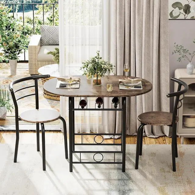 Alt view image 2 of 7 - Dining Table for 2, 3 Piece Round Table & Chair Set, Small Kitchen Table for Breakfast Nook, Wood Grain Tabletop and Built-in Storage Rack, Space Saving for Kitchen, Dining Room (Brown)