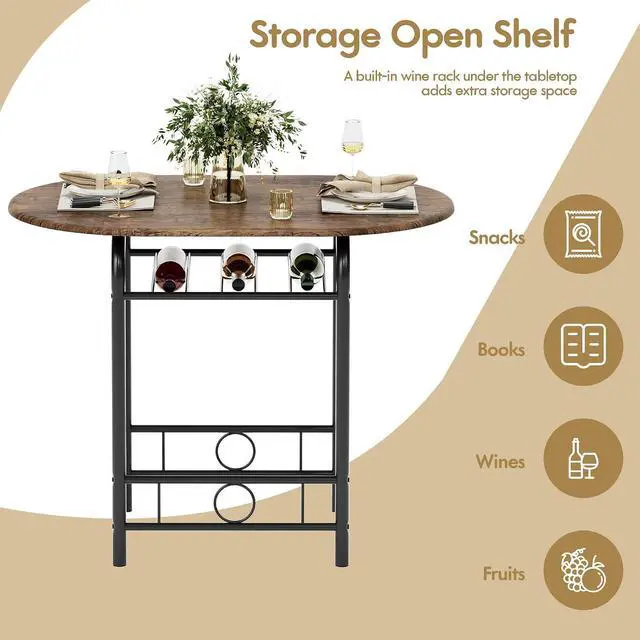 Alt view image 3 of 7 - Dining Table for 2, 3 Piece Round Table & Chair Set, Small Kitchen Table for Breakfast Nook, Wood Grain Tabletop and Built-in Storage Rack, Space Saving for Kitchen, Dining Room (Brown)