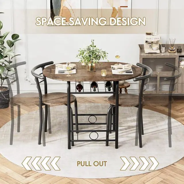 Alt view image 4 of 7 - Dining Table for 2, 3 Piece Round Table & Chair Set, Small Kitchen Table for Breakfast Nook, Wood Grain Tabletop and Built-in Storage Rack, Space Saving for Kitchen, Dining Room (Brown)