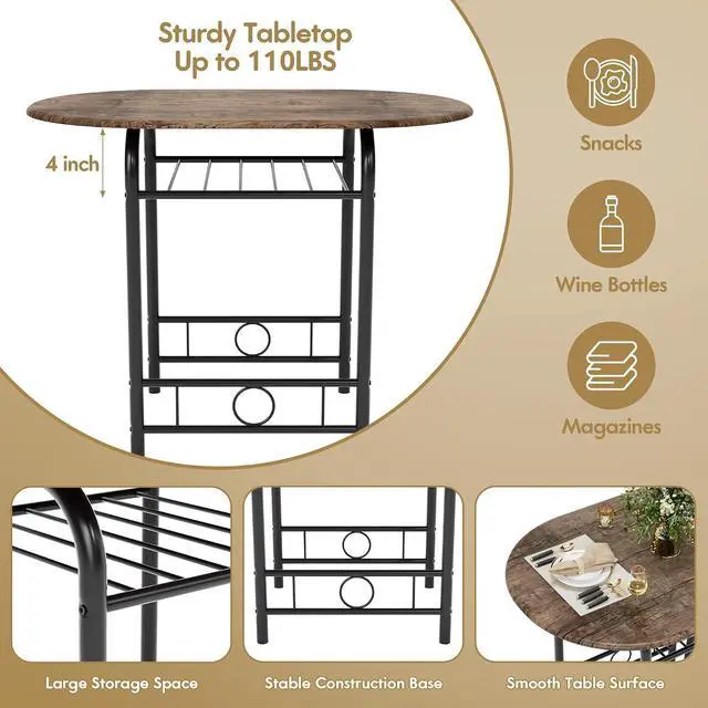 Alt view image 5 of 7 - Dining Table for 2, 3 Piece Round Table & Chair Set, Small Kitchen Table for Breakfast Nook, Wood Grain Tabletop and Built-in Storage Rack, Space Saving for Kitchen, Dining Room (Brown)