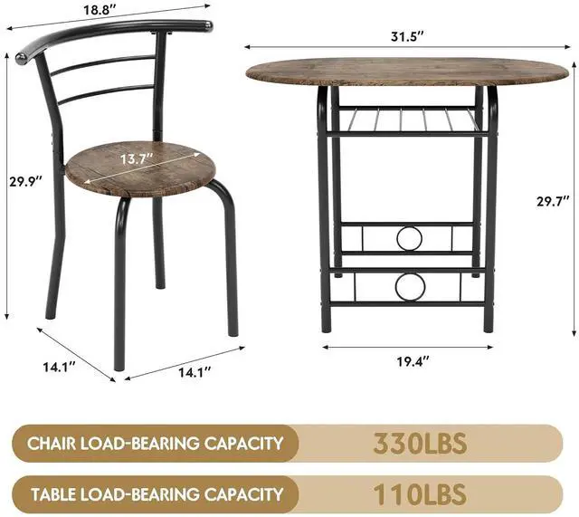 Alt view image 7 of 7 - Dining Table for 2, 3 Piece Round Table & Chair Set, Small Kitchen Table for Breakfast Nook, Wood Grain Tabletop and Built-in Storage Rack, Space Saving for Kitchen, Dining Room (Brown)
