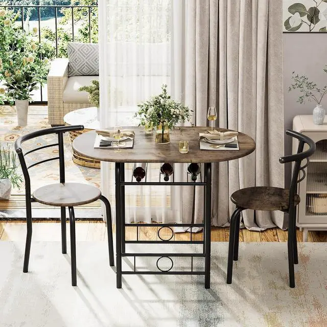 Alt view image 2 of 7 - Dining Table for 2, 3 Piece Round Table & Chair Set, Small Kitchen Table for Breakfast Nook, Wood Grain Tabletop and Built-in Storage Rack, Space Saving for Kitchen, Dining Room (Walnut)