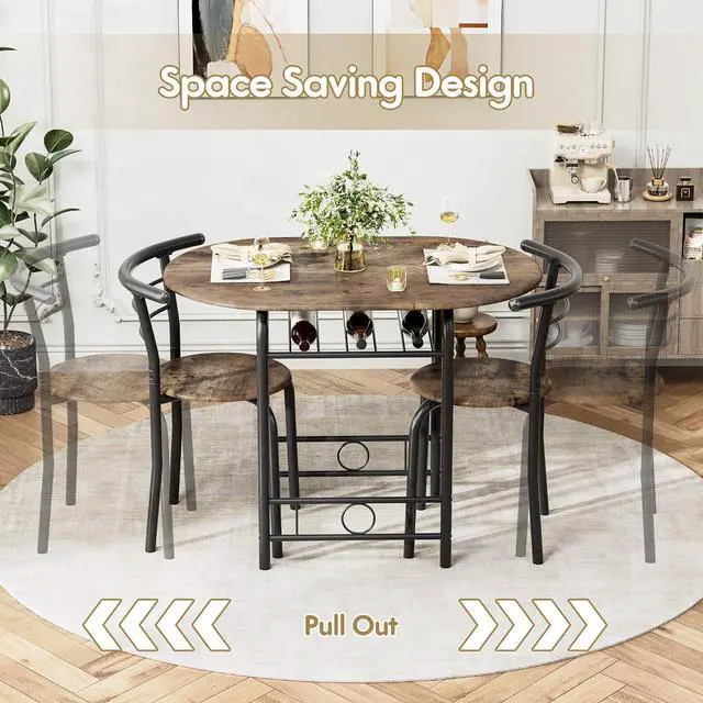 Alt view image 4 of 7 - Dining Table for 2, 3 Piece Round Table & Chair Set, Small Kitchen Table for Breakfast Nook, Wood Grain Tabletop and Built-in Storage Rack, Space Saving for Kitchen, Dining Room (Walnut)