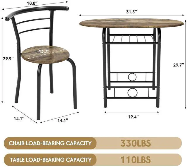 Alt view image 7 of 7 - Dining Table for 2, 3 Piece Round Table & Chair Set, Small Kitchen Table for Breakfast Nook, Wood Grain Tabletop and Built-in Storage Rack, Space Saving for Kitchen, Dining Room (Walnut)