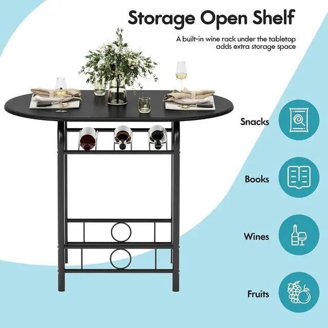 Alt view image 3 of 7 - Dining Table for 2, 3 Piece Round Table & Chair Set, Small Kitchen Table for Breakfast Nook, Wood Grain Tabletop and Built-in Storage Rack, Space Saving for Kitchen, Dining Room (Black)