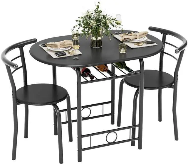 Main image of Dining Table for 2, 3 Piece Round Table & Chair Set, Small Kitchen Table for Breakfast Nook, Wood Grain Tabletop and Built-in Storage Rack, Space Saving for Kitchen, Dining Room (Black)