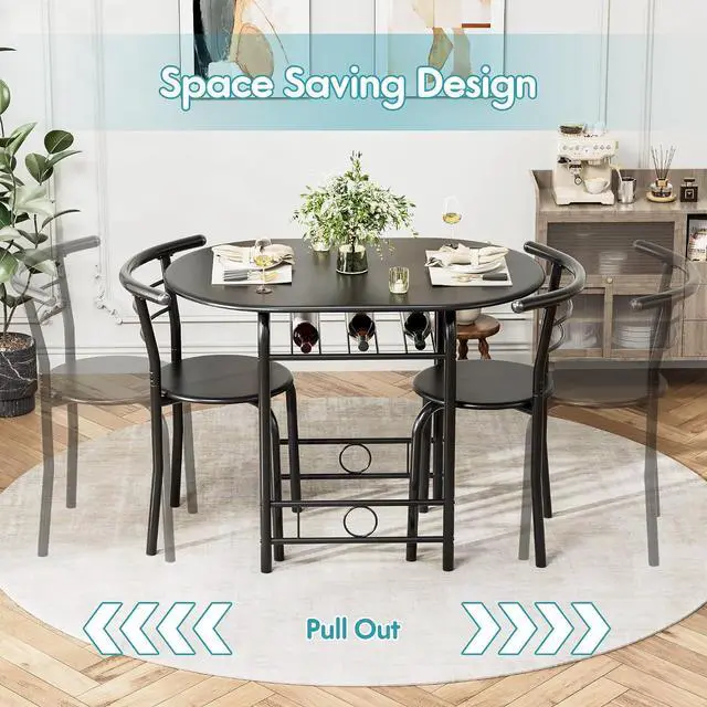 Alt view image 4 of 7 - Dining Table for 2, 3 Piece Round Table & Chair Set, Small Kitchen Table for Breakfast Nook, Wood Grain Tabletop and Built-in Storage Rack, Space Saving for Kitchen, Dining Room (Black)