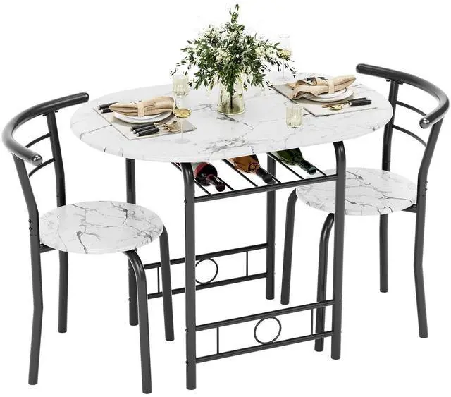 Main image of Dining Table for 2, 3 Piece Round Table & Chair Set, Small Kitchen Table for Breakfast Nook, Wood Grain Tabletop & Built-in Storage Rack, Space Saving for Kitchen, Dining Room (White & Black)