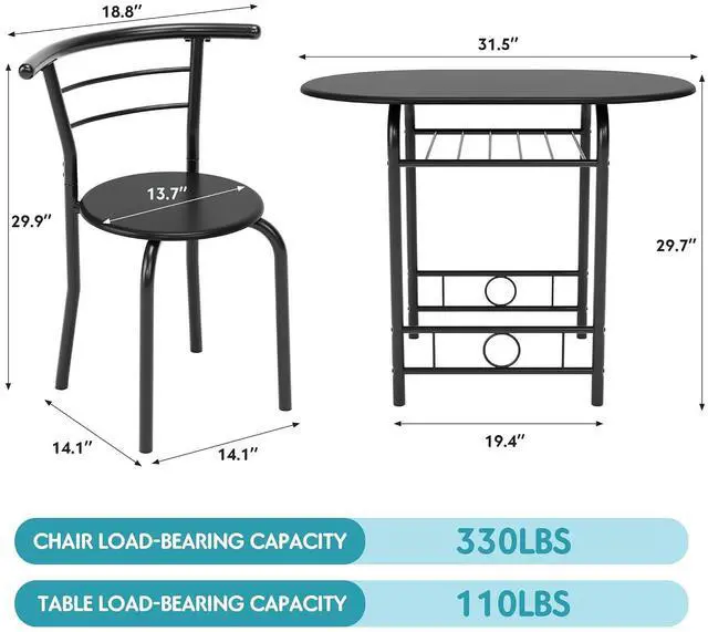 Alt view image 7 of 7 - Dining Table for 2, 3 Piece Round Table & Chair Set, Small Kitchen Table for Breakfast Nook, Wood Grain Tabletop and Built-in Storage Rack, Space Saving for Kitchen, Dining Room (Black)