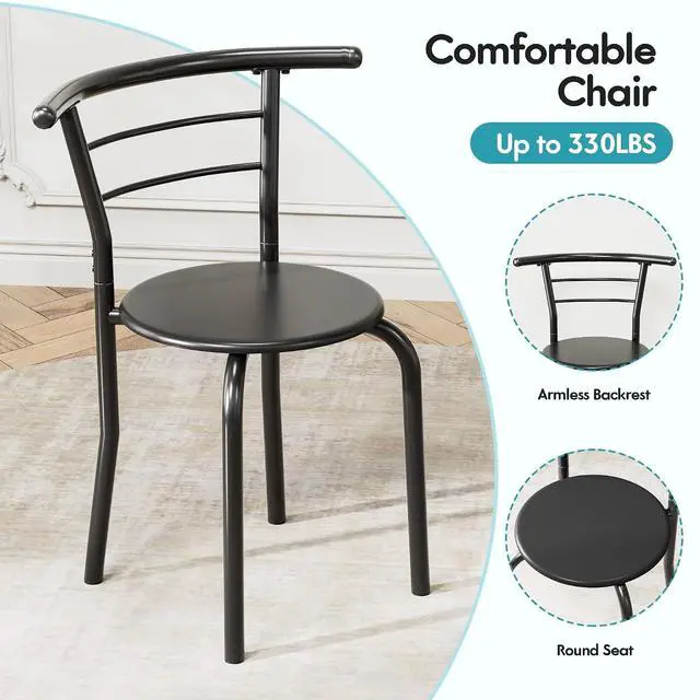Alt view image 6 of 7 - Dining Table for 2, 3 Piece Round Table & Chair Set, Small Kitchen Table for Breakfast Nook, Wood Grain Tabletop and Built-in Storage Rack, Space Saving for Kitchen, Dining Room (Black)