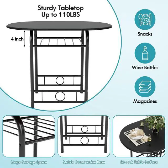 Alt view image 5 of 7 - Dining Table for 2, 3 Piece Round Table & Chair Set, Small Kitchen Table for Breakfast Nook, Wood Grain Tabletop and Built-in Storage Rack, Space Saving for Kitchen, Dining Room (Black)