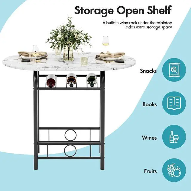 Alt view image 3 of 7 - Dining Table for 2, 3 Piece Round Table & Chair Set, Small Kitchen Table for Breakfast Nook, Wood Grain Tabletop & Built-in Storage Rack, Space Saving for Kitchen, Dining Room (White & Black)