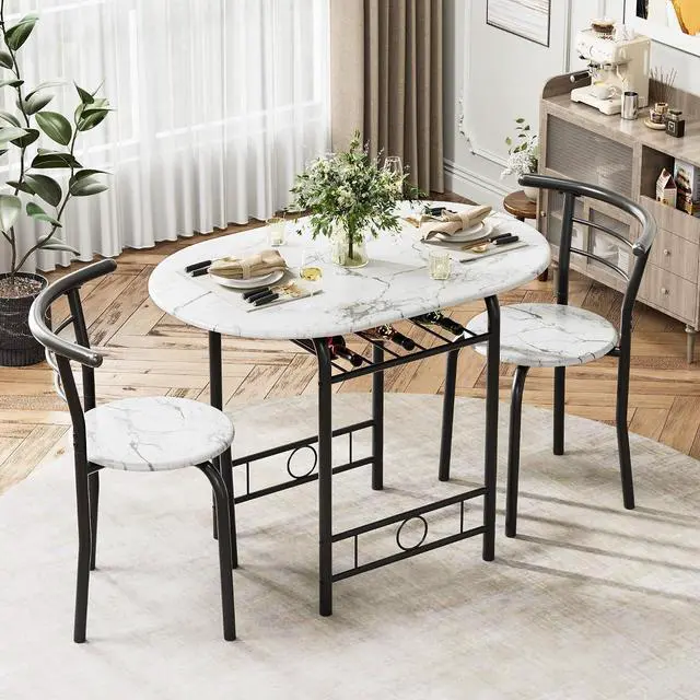 Alt view image 2 of 7 - Dining Table for 2, 3 Piece Round Table & Chair Set, Small Kitchen Table for Breakfast Nook, Wood Grain Tabletop & Built-in Storage Rack, Space Saving for Kitchen, Dining Room (White & Black)