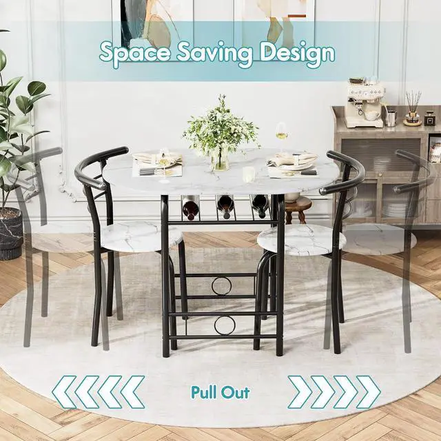 Alt view image 5 of 7 - Dining Table for 2, 3 Piece Round Table & Chair Set, Small Kitchen Table for Breakfast Nook, Wood Grain Tabletop & Built-in Storage Rack, Space Saving for Kitchen, Dining Room (White & Black)