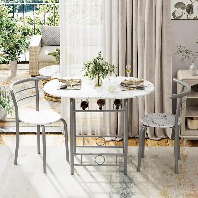 Alt view image 2 of 7 - Dining Table for 2, 3 Piece Round Table & Chair Set, Small Kitchen Table for Breakfast Nook, Wood Grain Tabletop and Built-in Storage Rack, Space Saving for Kitchen, Dining Room (White)