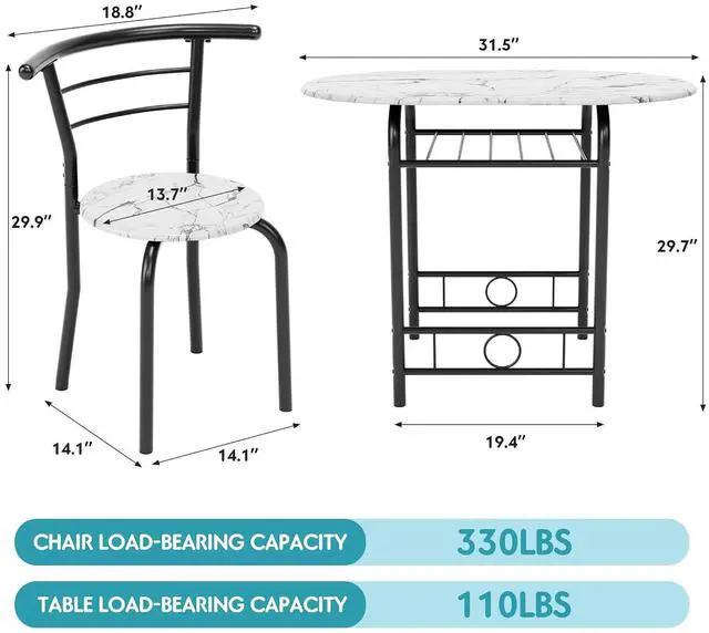 Alt view image 7 of 7 - Dining Table for 2, 3 Piece Round Table & Chair Set, Small Kitchen Table for Breakfast Nook, Wood Grain Tabletop & Built-in Storage Rack, Space Saving for Kitchen, Dining Room (White & Black)