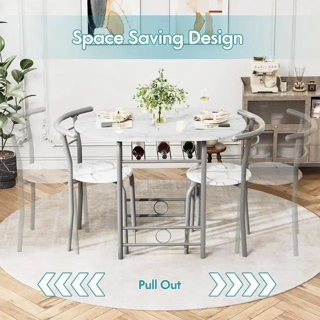 Alt view image 4 of 7 - Dining Table for 2, 3 Piece Round Table & Chair Set, Small Kitchen Table for Breakfast Nook, Wood Grain Tabletop and Built-in Storage Rack, Space Saving for Kitchen, Dining Room (White)