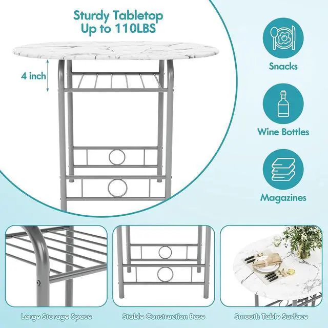 Alt view image 5 of 7 - Dining Table for 2, 3 Piece Round Table & Chair Set, Small Kitchen Table for Breakfast Nook, Wood Grain Tabletop and Built-in Storage Rack, Space Saving for Kitchen, Dining Room (White)