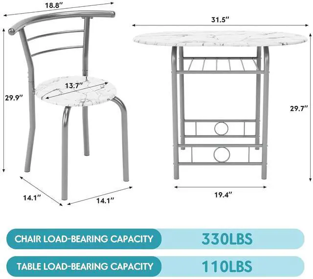 Alt view image 7 of 7 - Dining Table for 2, 3 Piece Round Table & Chair Set, Small Kitchen Table for Breakfast Nook, Wood Grain Tabletop and Built-in Storage Rack, Space Saving for Kitchen, Dining Room (White)