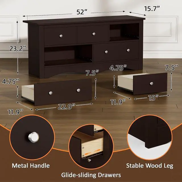 Alt view image 2 of 7 - Dresser for Bedroom, 5 Drawer Dresser, Wood Dressers, Wide Chest of Drawer, Storage Drawers, Storage Organizer for Closet, Hallway (Brown)