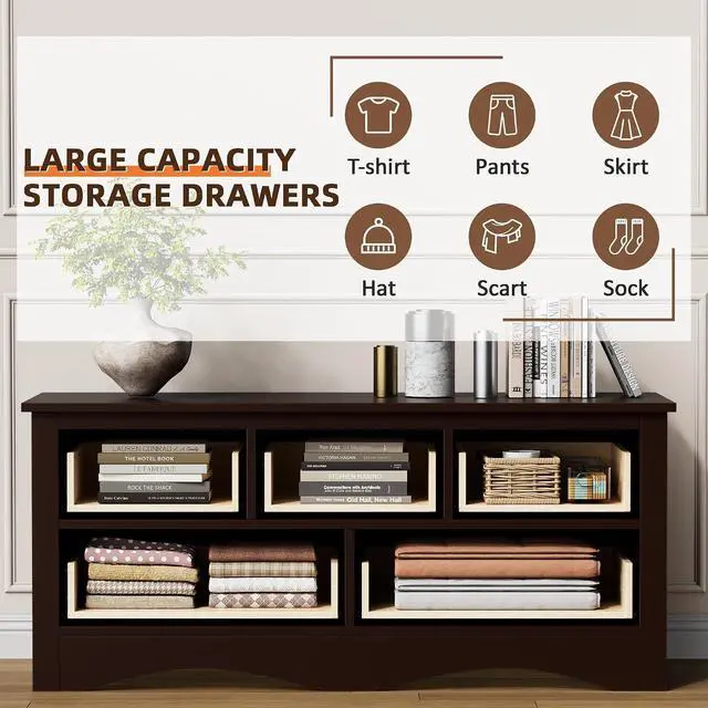 Alt view image 3 of 7 - Dresser for Bedroom, 5 Drawer Dresser, Wood Dressers, Wide Chest of Drawer, Storage Drawers, Storage Organizer for Closet, Hallway (Brown)