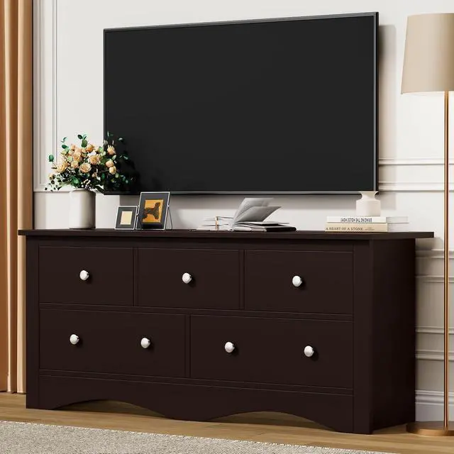 Alt view image 5 of 7 - Dresser for Bedroom, 5 Drawer Dresser, Wood Dressers, Wide Chest of Drawer, Storage Drawers, Storage Organizer for Closet, Hallway (Brown)
