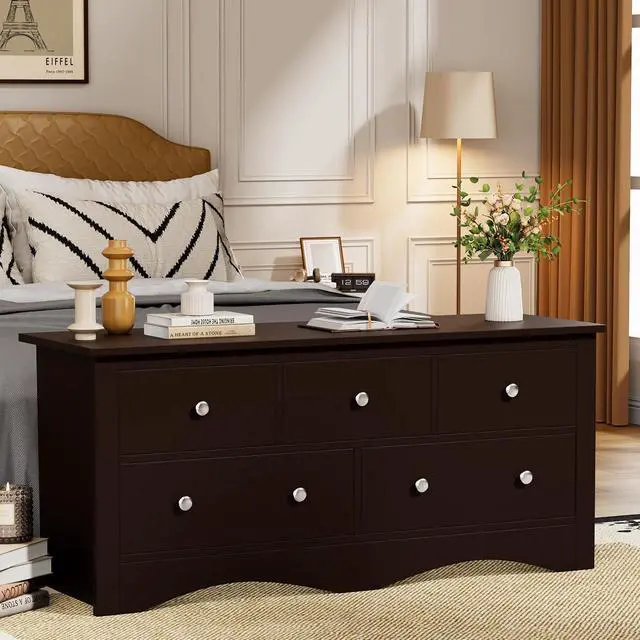 Alt view image 6 of 7 - Dresser for Bedroom, 5 Drawer Dresser, Wood Dressers, Wide Chest of Drawer, Storage Drawers, Storage Organizer for Closet, Hallway (Brown)