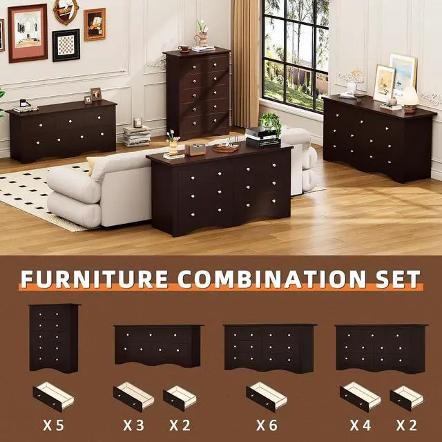 Alt view image 7 of 7 - Dresser for Bedroom, 5 Drawer Dresser, Wood Dressers, Wide Chest of Drawer, Storage Drawers, Storage Organizer for Closet, Hallway (Brown)
