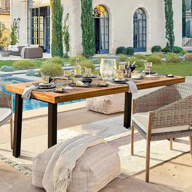 Alt view image 4 of 7 - Home Acacia Wood Dining Table 6-Person Indoor Outdoor Table with Iron Legs, Sandblast Finish, Natural Stained, Rustic Metal, 69 * 33 * 30 inch (Natural)