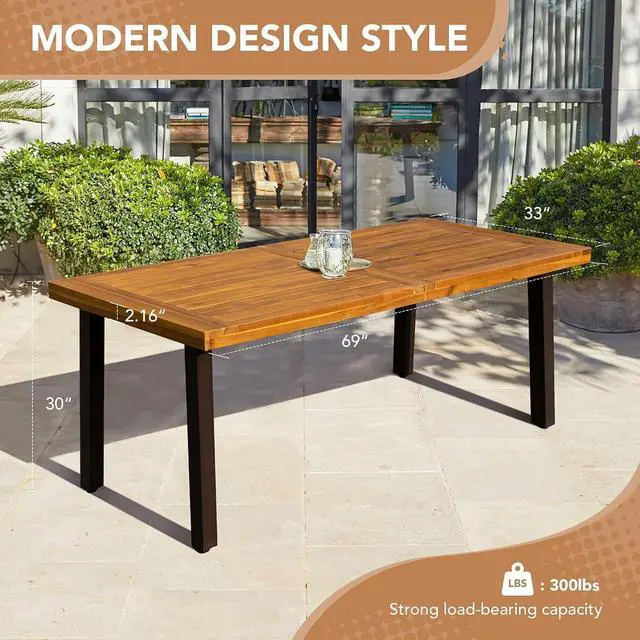 Alt view image 3 of 7 - Home Acacia Wood Dining Table 6-Person Indoor Outdoor Table with Iron Legs, Sandblast Finish, Natural Stained, Rustic Metal, 69 * 33 * 30 inch (Natural)