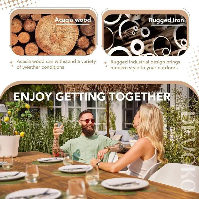 Alt view image 7 of 7 - Home Acacia Wood Dining Table 6-Person Indoor Outdoor Table with Iron Legs, Sandblast Finish, Natural Stained, Rustic Metal, 69 * 33 * 30 inch (Natural)