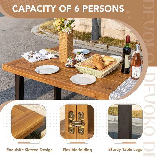 Alt view image 6 of 7 - Home Acacia Wood Dining Table 6-Person Indoor Outdoor Table with Iron Legs, Sandblast Finish, Natural Stained, Rustic Metal, 69 * 33 * 30 inch (Natural)