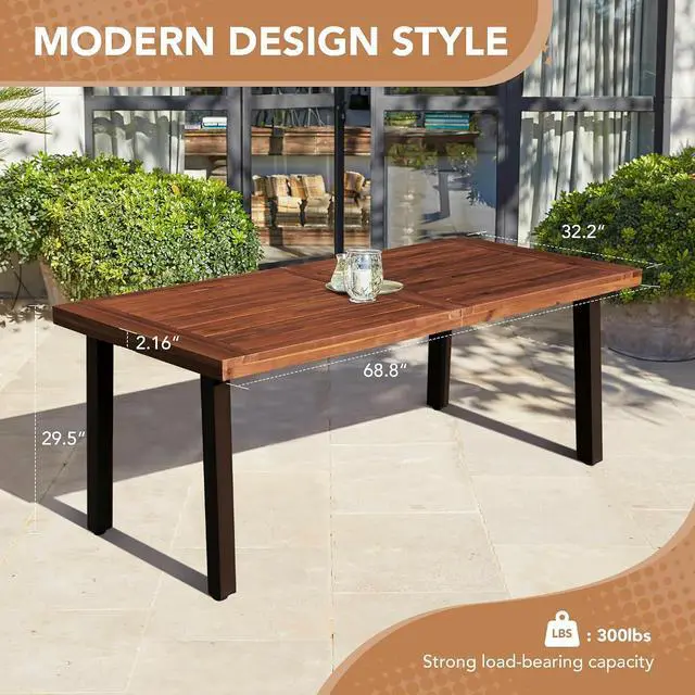 Alt view image 2 of 7 - Home Acacia Wood Dining Table 6-Person Indoor Outdoor Table with Iron Legs, Sandblast Finish, Natural Stained, Rustic Metal, 69 * 33 * 30 inch (Walnut Brown)