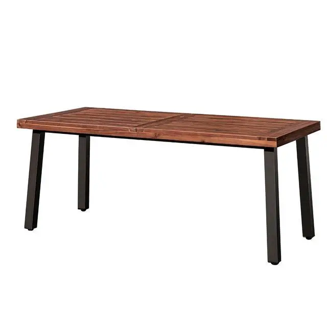 Alt view image 3 of 7 - Home Acacia Wood Dining Table 6-Person Indoor Outdoor Table with Iron Legs, Sandblast Finish, Natural Stained, Rustic Metal, 69 * 33 * 30 inch (Walnut Brown)