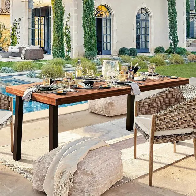 Alt view image 4 of 7 - Home Acacia Wood Dining Table 6-Person Indoor Outdoor Table with Iron Legs, Sandblast Finish, Natural Stained, Rustic Metal, 69 * 33 * 30 inch (Walnut Brown)
