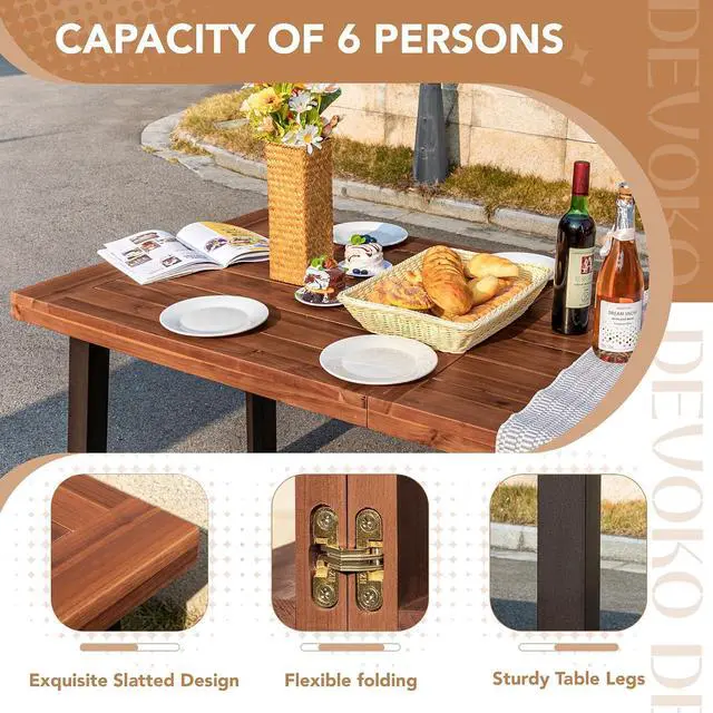 Alt view image 6 of 7 - Home Acacia Wood Dining Table 6-Person Indoor Outdoor Table with Iron Legs, Sandblast Finish, Natural Stained, Rustic Metal, 69 * 33 * 30 inch (Walnut Brown)