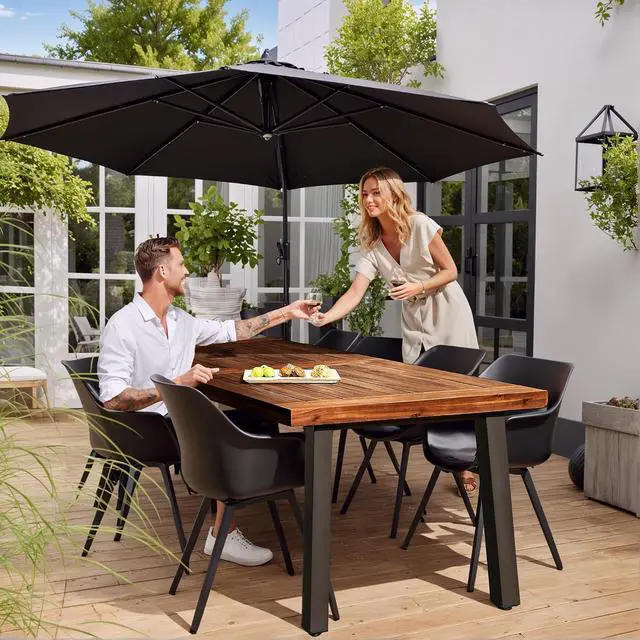 Alt view image 5 of 7 - Home Acacia Wood Dining Table 6-Person Indoor Outdoor Table with Iron Legs, Sandblast Finish, Natural Stained, Rustic Metal, 69 * 33 * 30 inch (Walnut Brown)