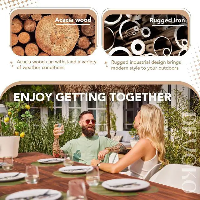Alt view image 7 of 7 - Home Acacia Wood Dining Table 6-Person Indoor Outdoor Table with Iron Legs, Sandblast Finish, Natural Stained, Rustic Metal, 69 * 33 * 30 inch (Walnut Brown)