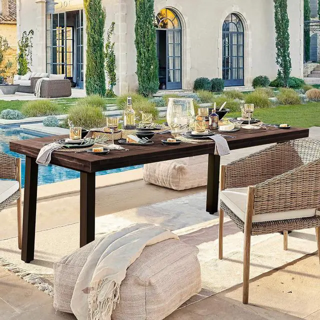 Alt view image 4 of 7 - Home Acacia Wood Dining Table 6-Person Indoor Outdoor Table with Iron Legs, Sandblast Finish, Natural Stained, Rustic Metal, 69 * 33 * 30 inch (Espresso)