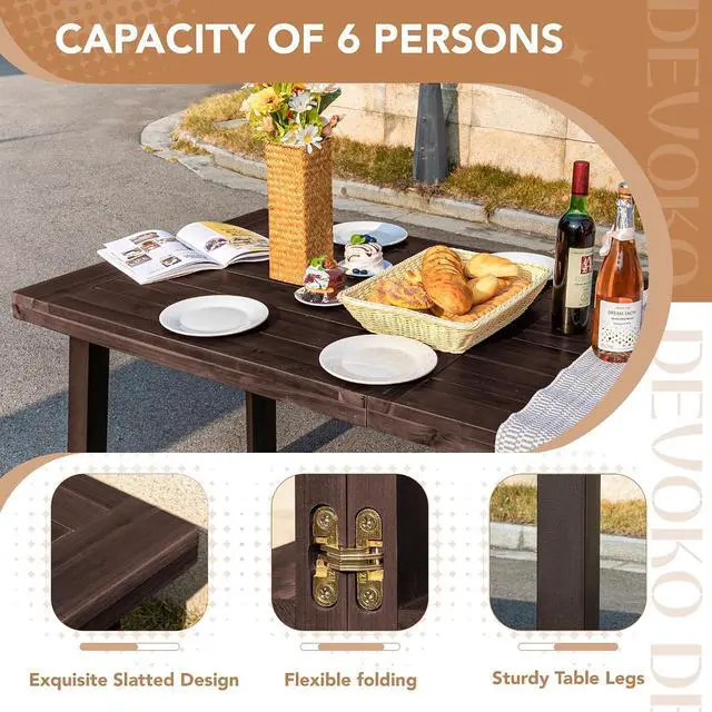 Alt view image 6 of 7 - Home Acacia Wood Dining Table 6-Person Indoor Outdoor Table with Iron Legs, Sandblast Finish, Natural Stained, Rustic Metal, 69 * 33 * 30 inch (Espresso)