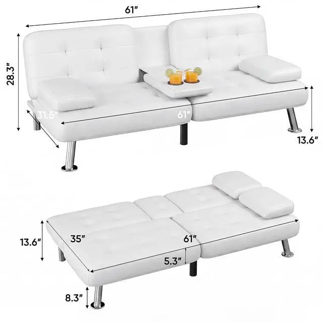 Alt view image 3 of 7 - Futon Sofa Bed Modern Folding Futon Set PU Leather Convertible Recliner Lounge for Living Room with 2 Cup Holders, Removable Armrests (PU Leather, White)