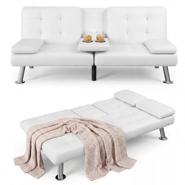 Main image of Futon Sofa Bed Modern Folding Futon Set PU Leather Convertible Recliner Lounge for Living Room with 2 Cup Holders, Removable Armrests (PU Leather, White)