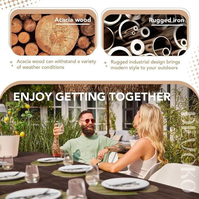 Alt view image 7 of 7 - Home Acacia Wood Dining Table 6-Person Indoor Outdoor Table with Iron Legs, Sandblast Finish, Natural Stained, Rustic Metal, 69 * 33 * 30 inch (Espresso)