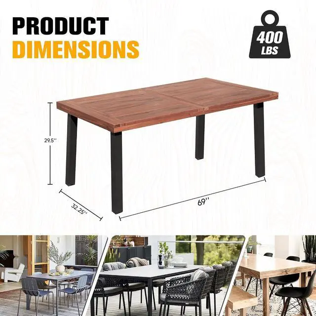 Alt view image 2 of 7 - Dining Table for 6 FSC Acacia Wood Indoor Outdoor Home Kitchen Table with Iron Legs Large Rectangular Patio Table for Deck, Sunroom (Walnut)