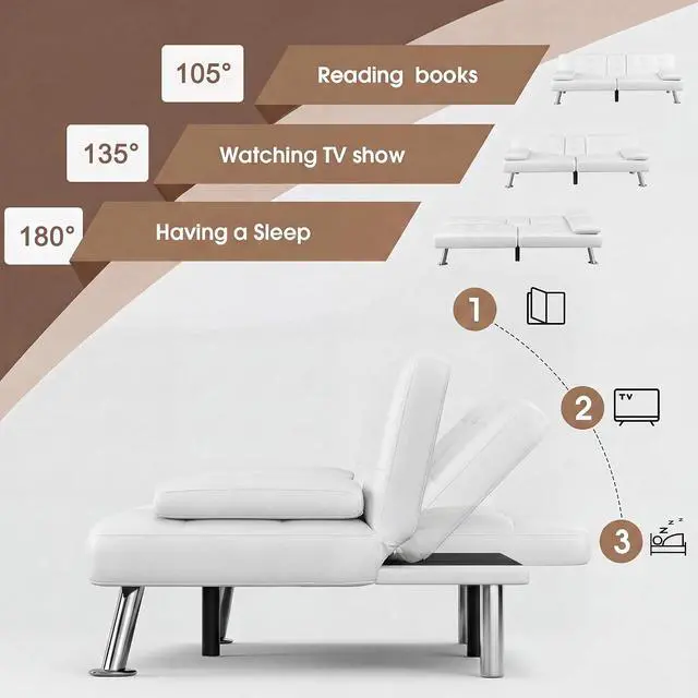 Alt view image 4 of 7 - Futon Sofa Bed Modern Folding Futon Set PU Leather Convertible Recliner Lounge for Living Room with 2 Cup Holders, Removable Armrests (PU Leather, White)