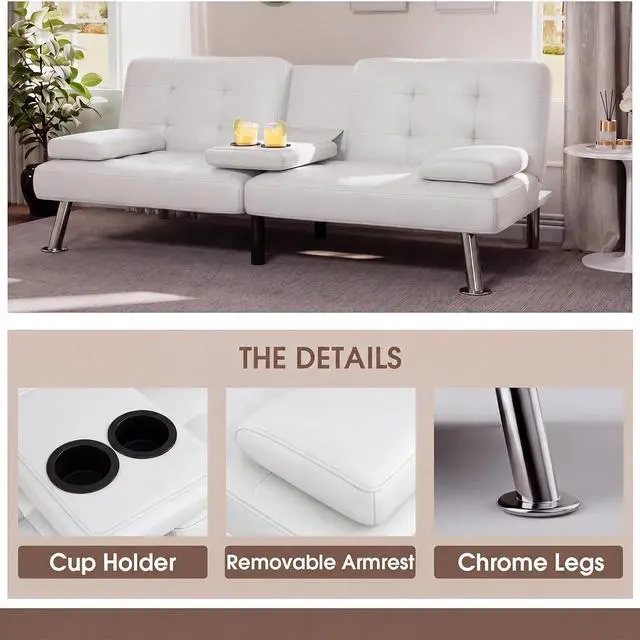 Alt view image 5 of 7 - Futon Sofa Bed Modern Folding Futon Set PU Leather Convertible Recliner Lounge for Living Room with 2 Cup Holders, Removable Armrests (PU Leather, White)