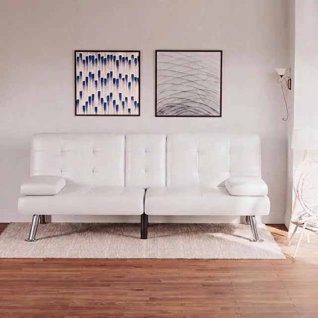 Alt view image 7 of 7 - Futon Sofa Bed Modern Folding Futon Set PU Leather Convertible Recliner Lounge for Living Room with 2 Cup Holders, Removable Armrests (PU Leather, White)