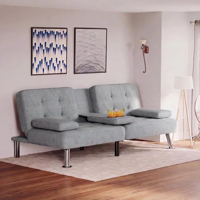Alt view image 2 of 7 - Futon Sofa Bed Modern Folding Futon Set Linen Fabric Convertible Recliner Lounge for Living Room with 2 Cup Holders, Removable Armrests (Fabric, Light Grey)