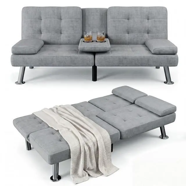 Main image of Futon Sofa Bed Modern Folding Futon Set Linen Fabric Convertible Recliner Lounge for Living Room with 2 Cup Holders, Removable Armrests (Fabric, Light Grey)